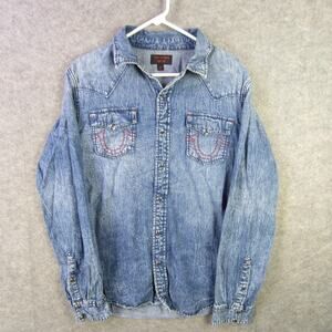 True Religion Shirt Mens Large Blue Denim Western Pearl Snap Long Sleeve Jeans